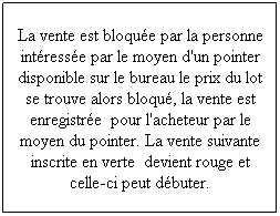 Zone de Texte: La vente est bloque par la personne intresse par le moyen d'un pointer disponible sur le bureau le prix du lot se trouve alors bloqu, la vente est enregistre  pour l'acheteur par le moyen du pointer. La vente suivante inscrite en verte  devient rouge et celle-ci peut dbuter.

